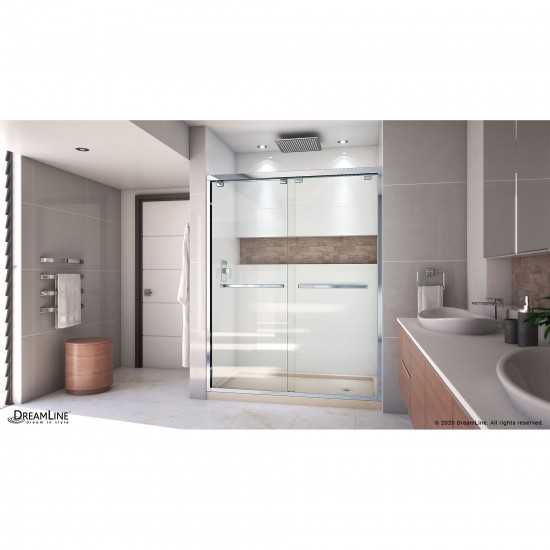 Encore 32 in. D x 60 in. W x 78 3/4 in. H Bypass Shower Door in Chrome and Right Drain Biscuit Base Kit