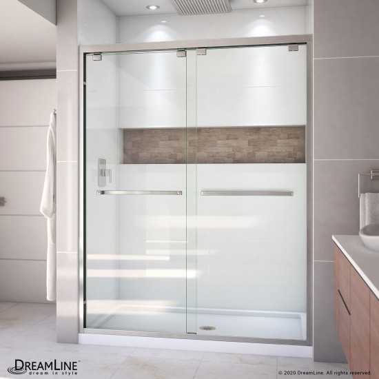 Encore 34 in. D x 60 in. W x 78 3/4 in. H Bypass Shower Door in Brushed Nickel and Center Drain White Base Kit