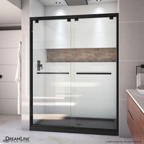 Encore 34 in. D x 60 in. W x 78 3/4 in. H Bypass Shower Door in Satin Black and Center Drain Black Base Kit
