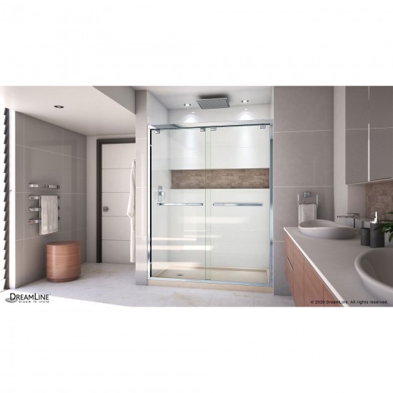 Encore 34 in. D x 60 in. W x 78 3/4 in. H Bypass Shower Door in Chrome and Left Drain Biscuit Base Kit