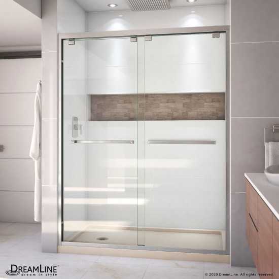 Encore 34 in. D x 60 in. W x 78 3/4 in. H Bypass Shower Door in Brushed Nickel and Left Drain Biscuit Base Kit