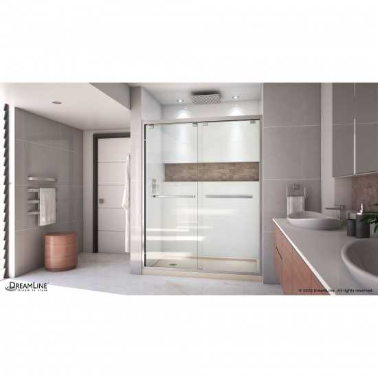 Encore 34 in. D x 60 in. W x 78 3/4 in. H Bypass Shower Door in Brushed Nickel and Left Drain Biscuit Base Kit