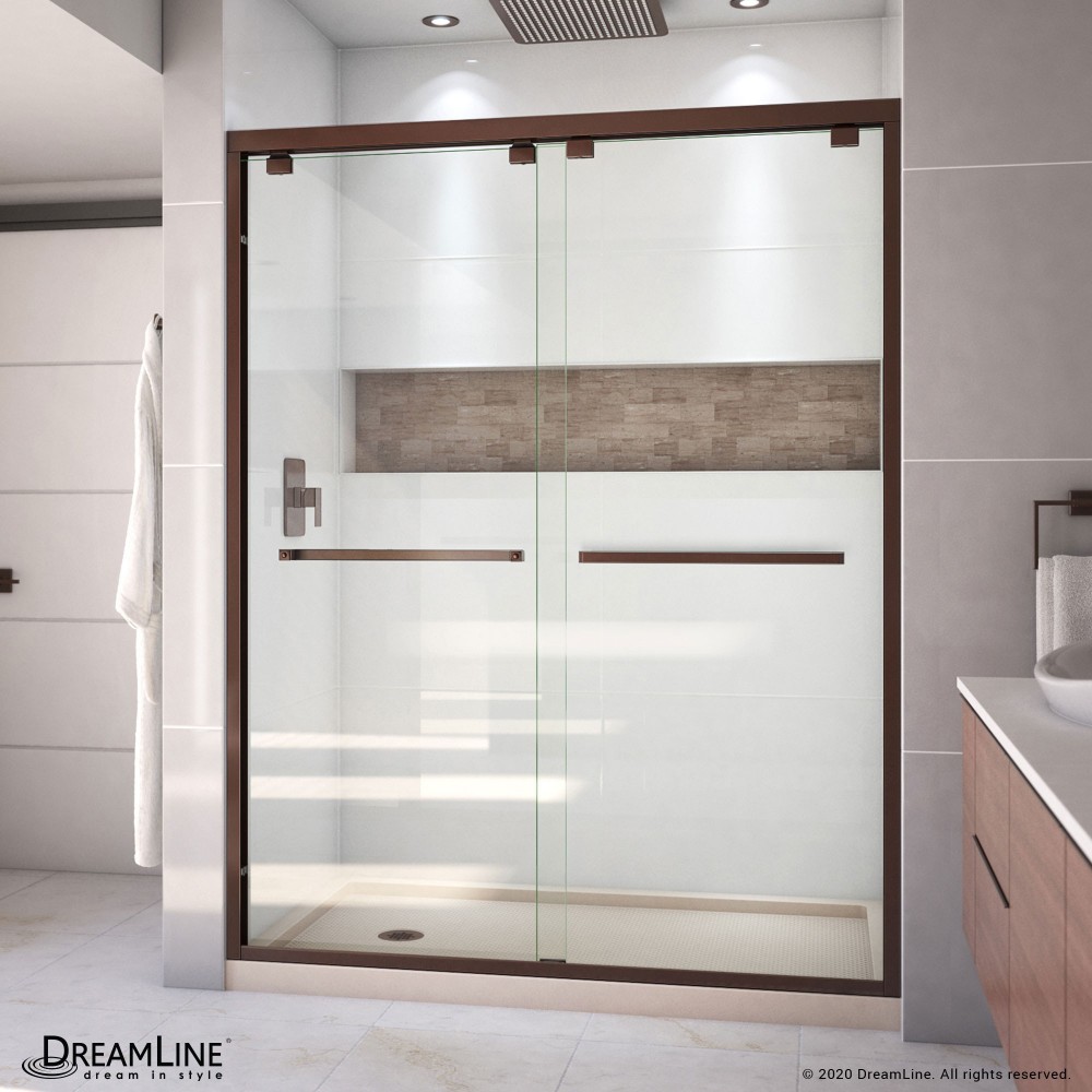 Encore 34 in. D x 60 in. W x 78 3/4 in. H Bypass Shower Door in Oil Rubbed Bronze and Left Drain Biscuit Base Kit