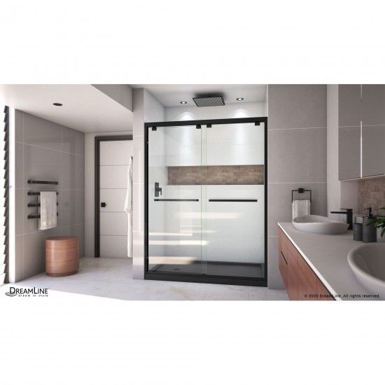 Encore 34 in. D x 60 in. W x 78 3/4 in. H Bypass Shower Door in Satin Black and Left Drain Black Base Kit