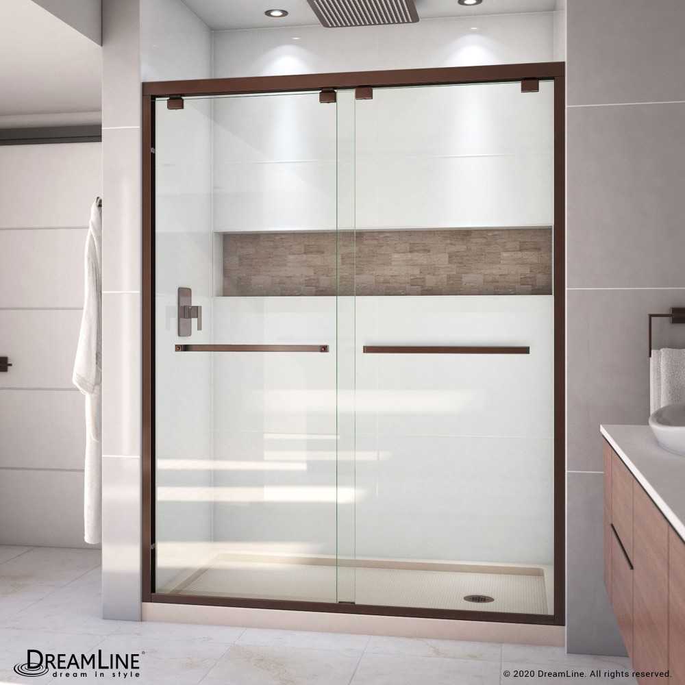 Encore 34 in. D x 60 in. W x 78 3/4 in. H Bypass Shower Door in Oil Rubbed Bronze and Right Drain Biscuit Base Kit