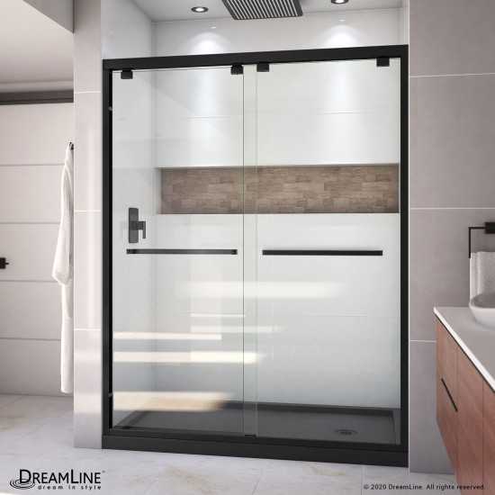 Encore 34 in. D x 60 in. W x 78 3/4 in. H Bypass Shower Door in Satin Black and Right Drain Black Base Kit