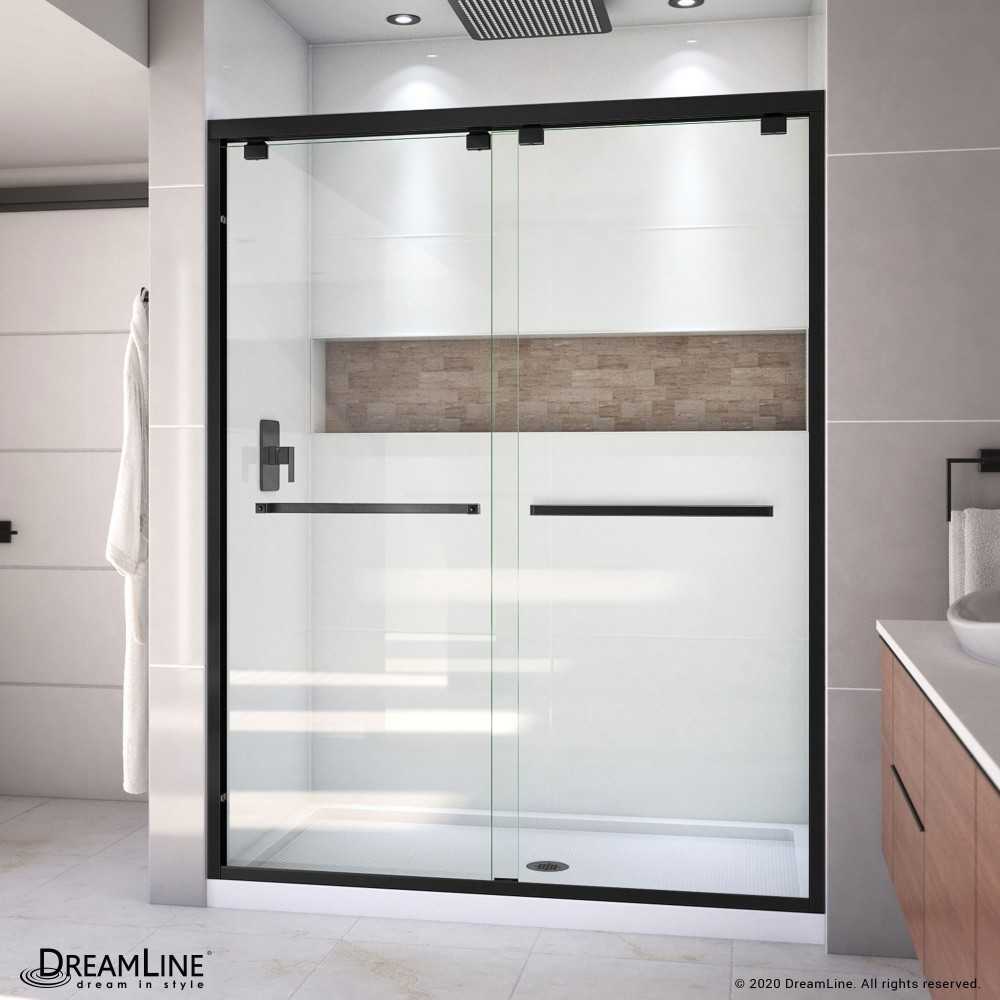 Encore 36 in. D x 60 in. W x 78 3/4 in. H Bypass Shower Door in Satin Black and Center Drain White Base Kit