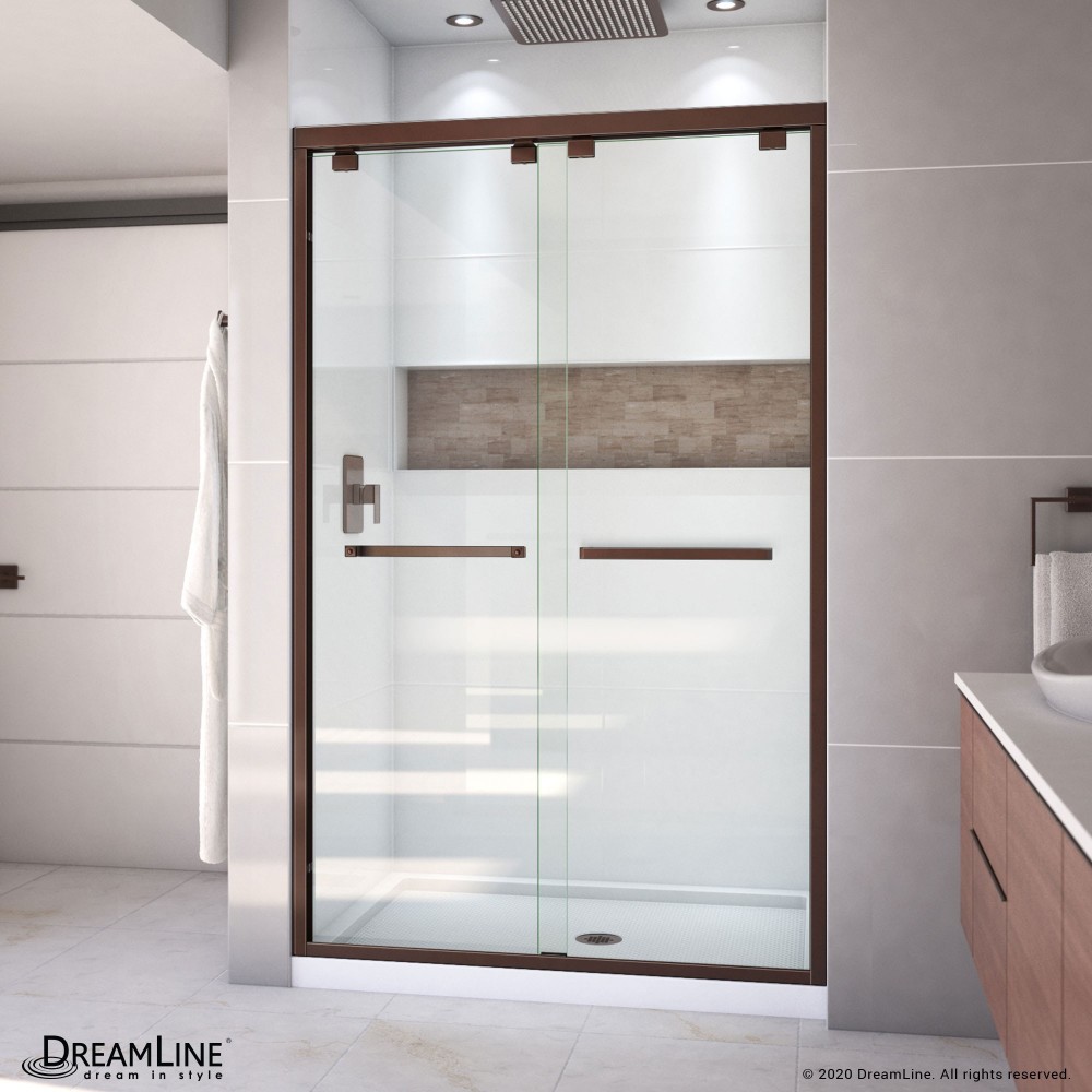 Encore 32 in. D x 48 in. W x 78 3/4 in. H Bypass Shower Door in Oil Rubbed Bronze and Center Drain White Base Kit