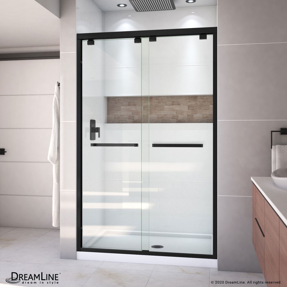 Encore 32 in. D x 48 in. W x 78 3/4 in. H Bypass Shower Door in Satin Black and Center Drain White Base Kit