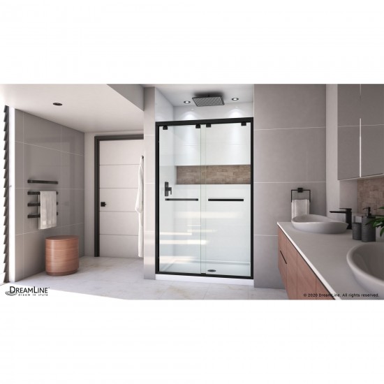 Encore 32 in. D x 48 in. W x 78 3/4 in. H Bypass Shower Door in Satin Black and Center Drain White Base Kit