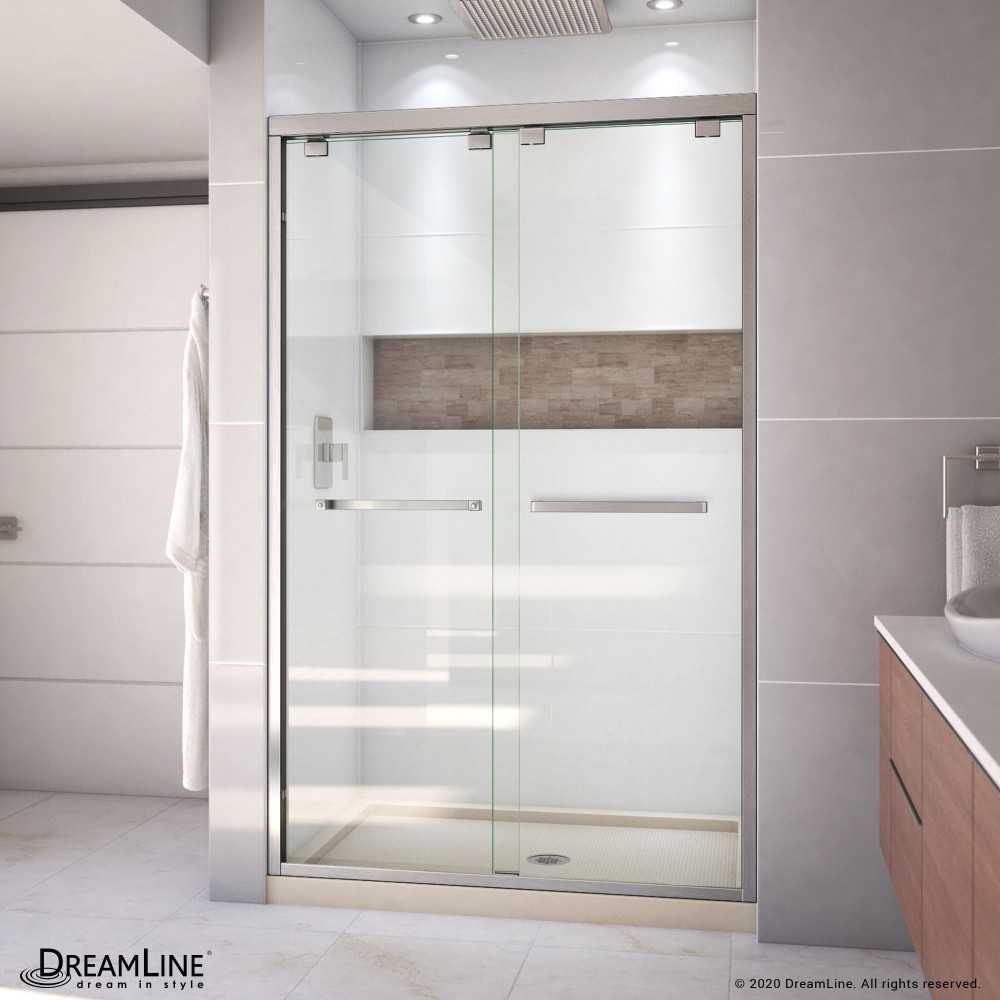 Encore 32 in. D x 48 in. W x 78 3/4 in. H Bypass Shower Door in Brushed Nickel and Center Drain Biscuit Base Kit