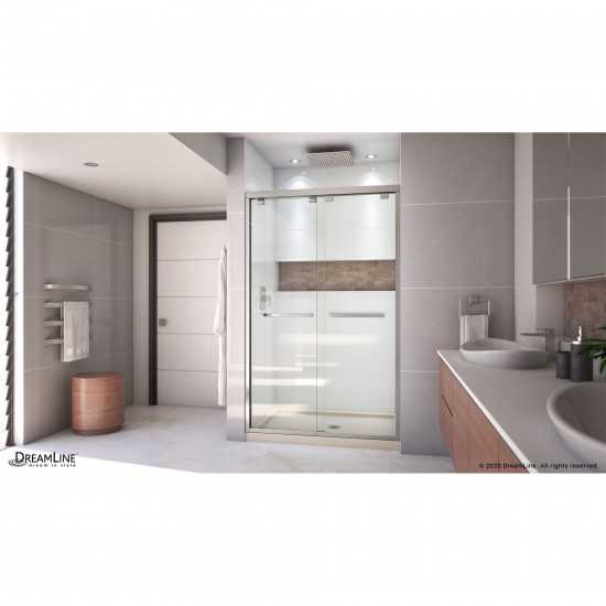 Encore 32 in. D x 48 in. W x 78 3/4 in. H Bypass Shower Door in Brushed Nickel and Center Drain Biscuit Base Kit