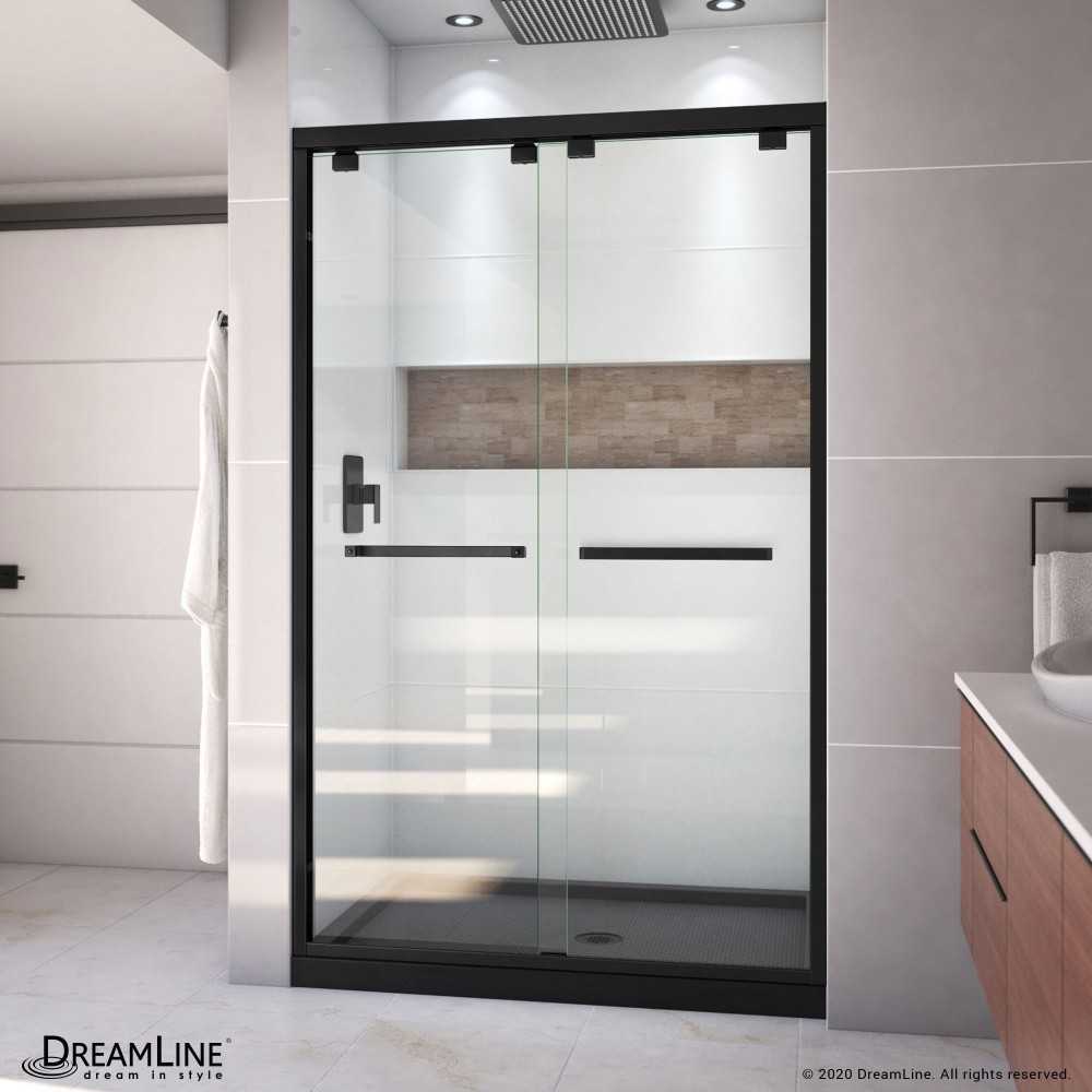 Encore 32 in. D x 48 in. W x 78 3/4 in. H Bypass Shower Door in Satin Black and Center Drain Black Base Kit