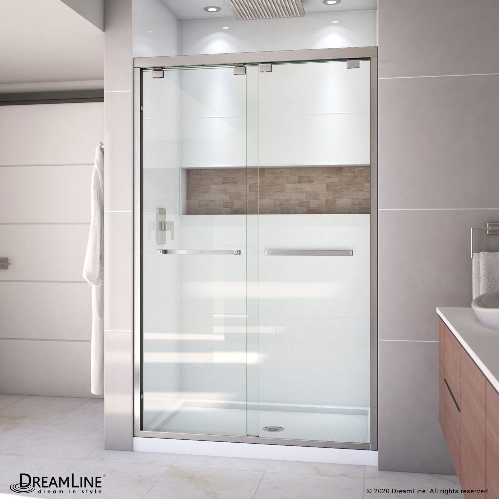 Encore 34 in. D x 48 in. W x 78 3/4 in. H Bypass Shower Door in Brushed Nickel and Center Drain White Base Kit