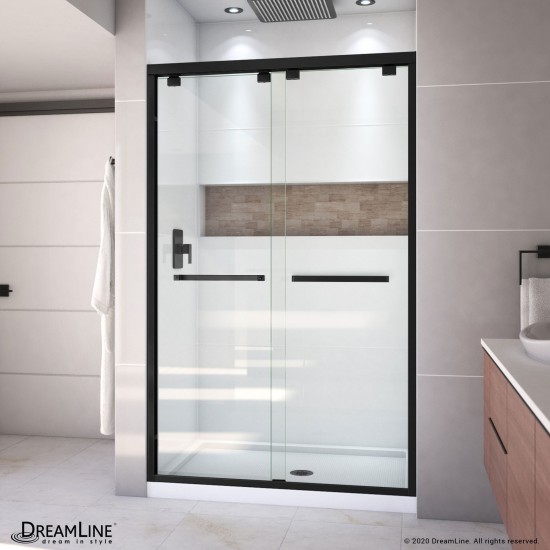 Encore 34 in. D x 48 in. W x 78 3/4 in. H Bypass Shower Door in Satin Black and Center Drain White Base Kit