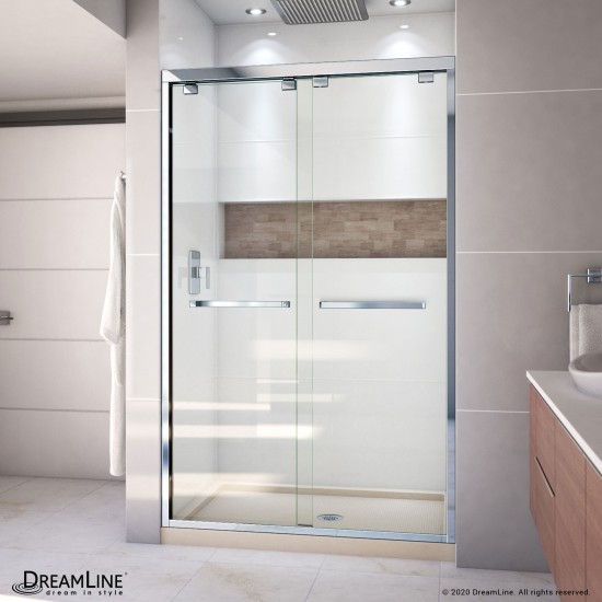 Encore 34 in. D x 48 in. W x 78 3/4 in. H Bypass Shower Door in Chrome and Center Drain Biscuit Base Kit