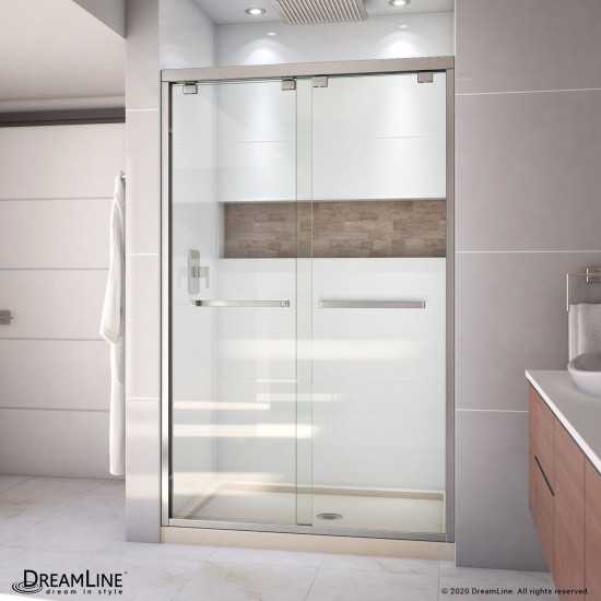 Encore 34 in. D x 48 in. W x 78 3/4 in. H Bypass Shower Door in Brushed Nickel and Center Drain Biscuit Base Kit