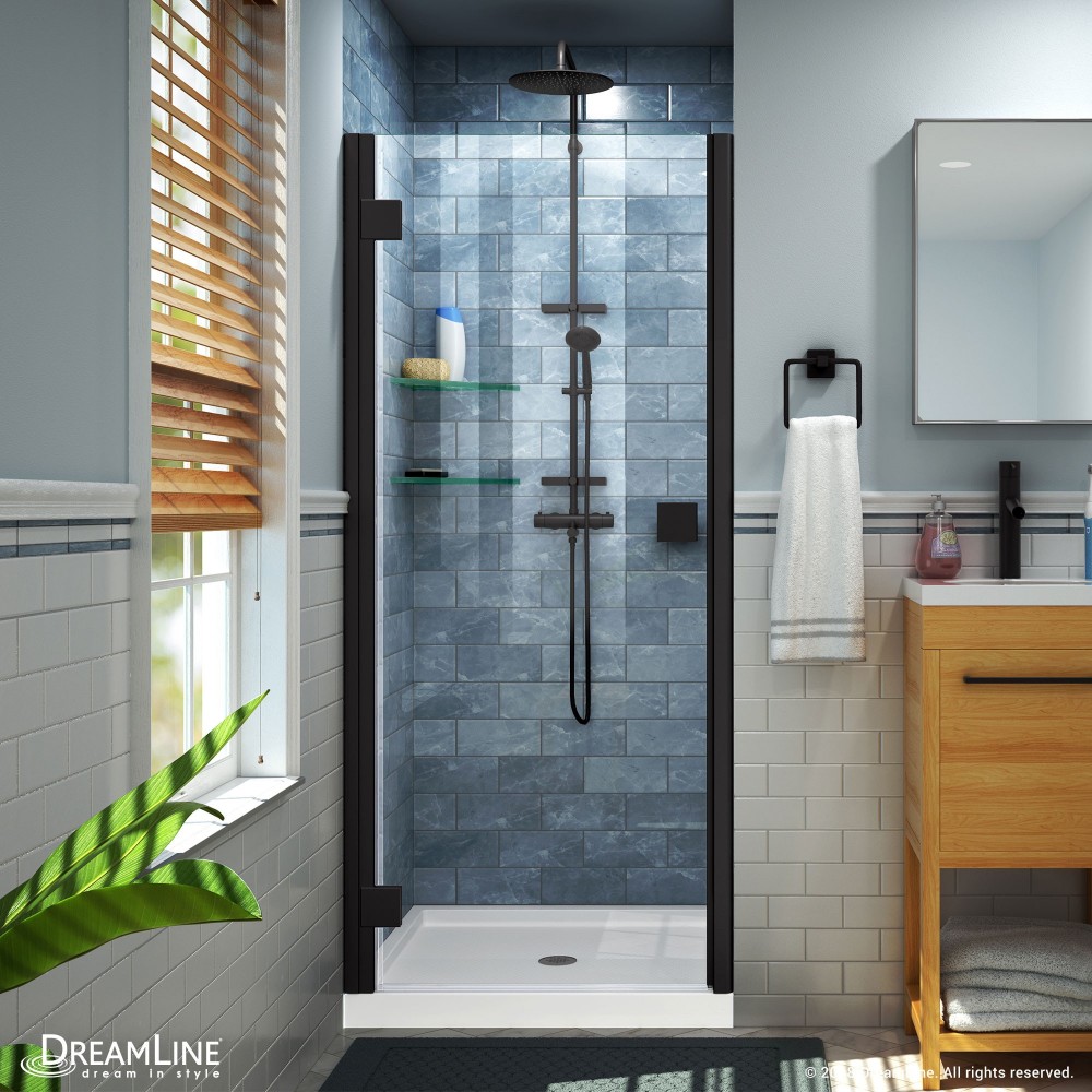 Lumen 34-35 in. W by 72 in. H Semi-Frameless Hinged Shower Door in Satin Black