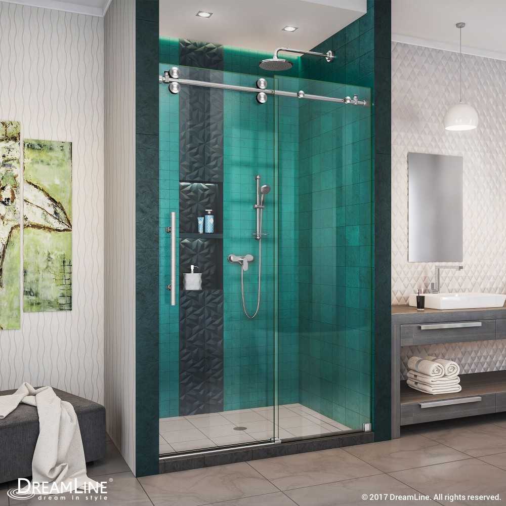 Enigma-XO 44-48 in. W x 76 in. H Fully Frameless Sliding Shower Door in Brushed Stainless Steel