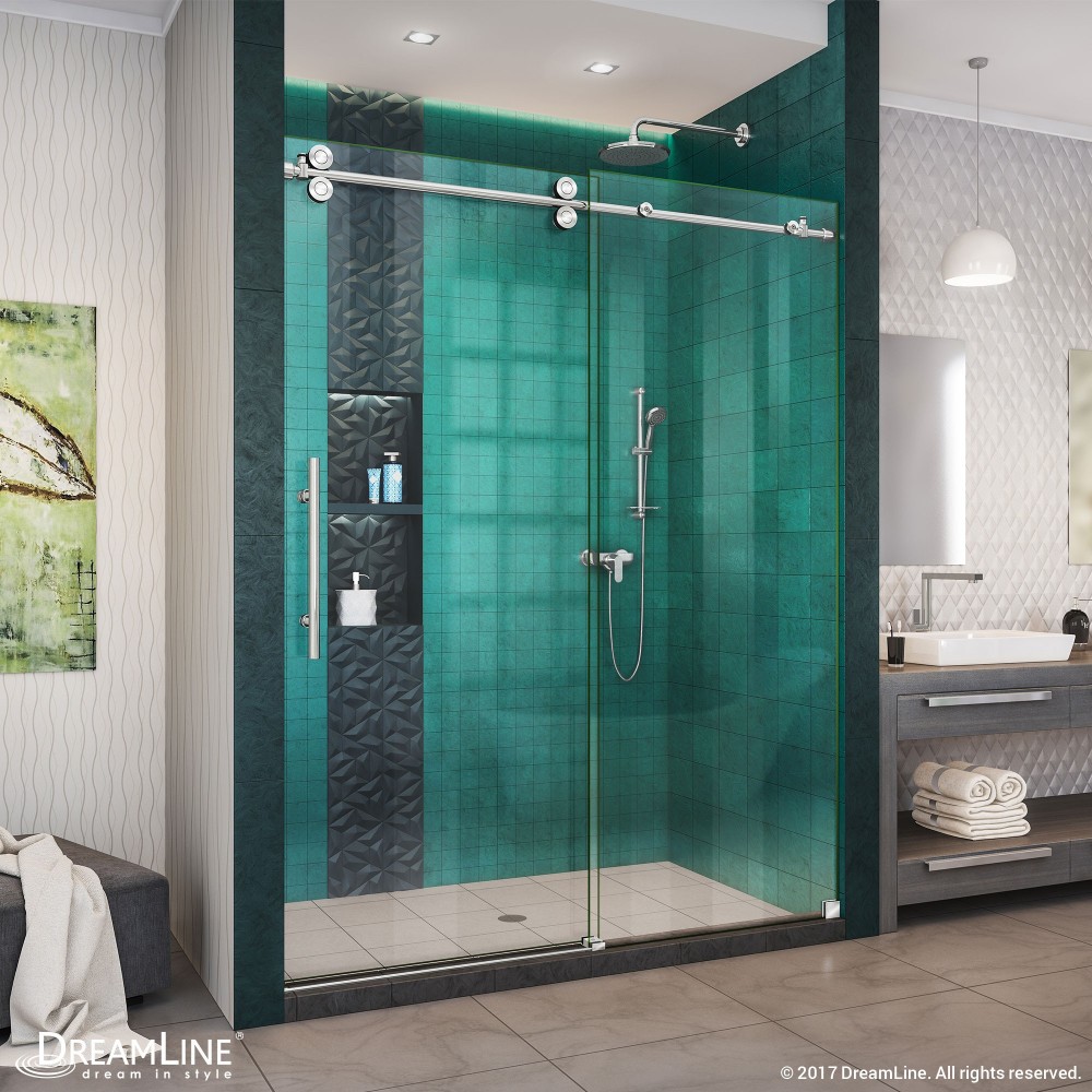 Enigma-XO 56-60 in. W x 76 in. H Fully Frameless Sliding Shower Door in Polished Stainless Steel
