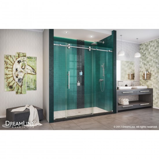 Enigma-XO 68-72 in. W x 76 in. H Fully Frameless Sliding Shower Door in Brushed Stainless Steel