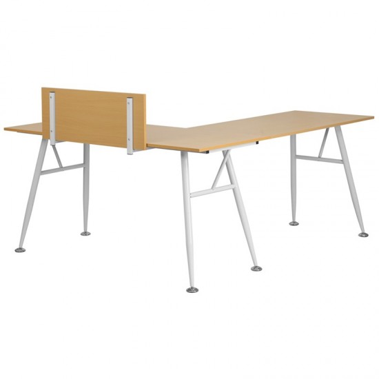 Beech Laminate L-Shape Computer Desk with White Metal Frame