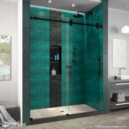 Enigma-XO 56-60 in. W x 76 in. H Frameless Clear Glass Sliding Shower Door in Satin Black Stainless Steel