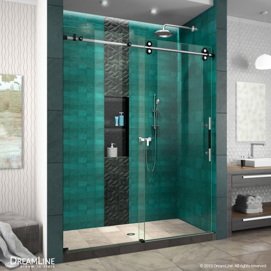 Enigma-XO 56-60 in. W x 76 in. H Frameless Clear Glass Sliding Shower Door in Polished Tuxedo