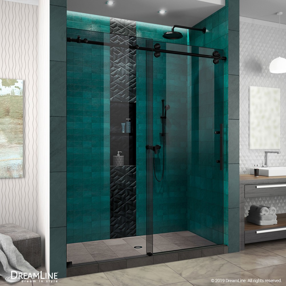 Enigma-XO 56-60 in. W x 76 in. H Frameless Smoke Gray Glass Sliding Shower Door in Satin Black Stainless Steel