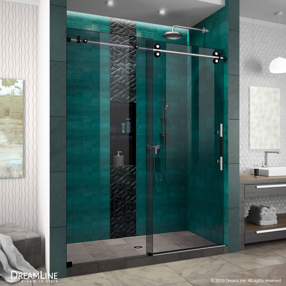 Enigma-XO 56-60 in. W x 76 in. H Frameless Smoke Gray Glass Sliding Shower Door in Brushed Tuxedo