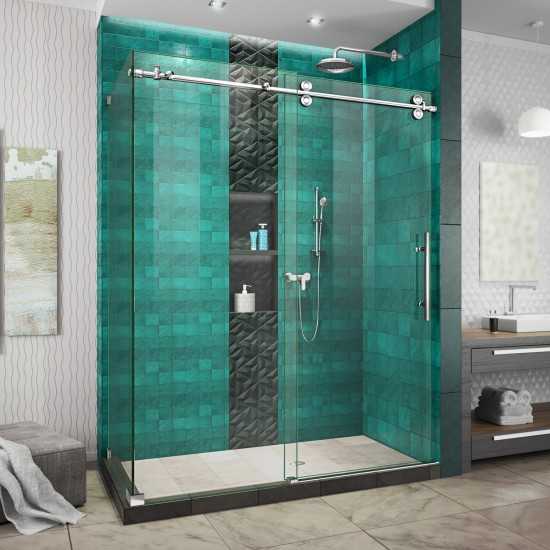 Enigma-XO 32 1/2 in. D x 56 3/8-60 3/8 in. W x 76 in. H Frameless Shower Enclosure in Polished Stainless Steel