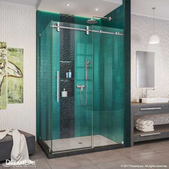 Enigma-XO 34 1/2 in. D x 44 3/8-48 3/8 in. W x 76 in. H Frameless Shower Enclosure in Brushed Stainless Steel