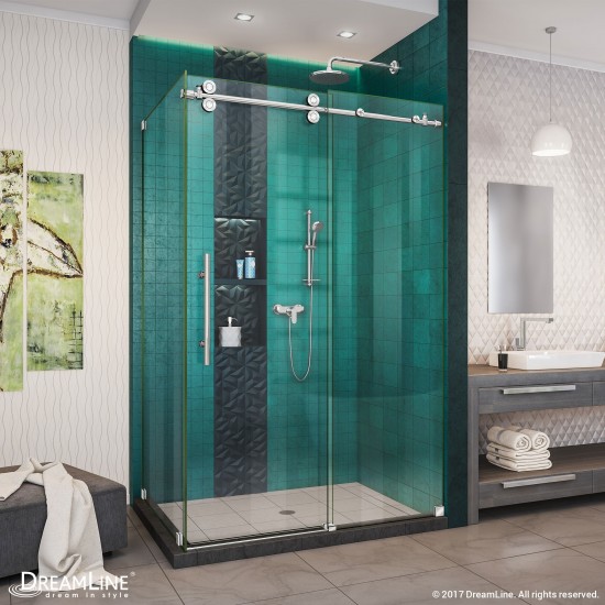 Enigma-XO 34 1/2 in. D x 44 3/8-48 3/8 in. W x 76 in. H Frameless Shower Enclosure in Polished Stainless Steel