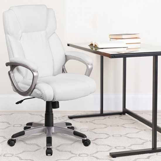 Mid-Back White LeatherSoft Executive Swivel Office Chair with Padded Arms