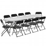 8' Bi-Fold Granite White Plastic Event/Training Folding Table Set with 10 Folding Chairs