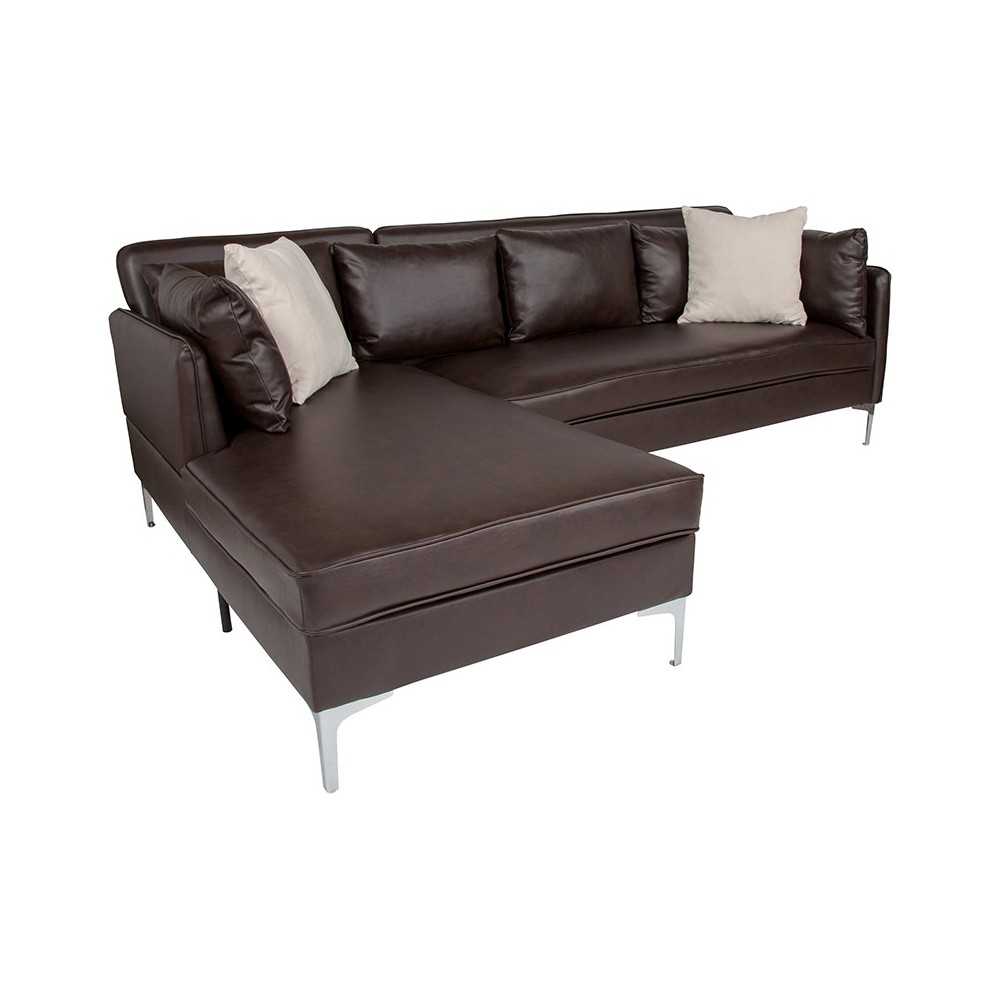 Back Bay Upholstered Accent Pillow Back Sectional with Left Side Facing Chaise in Brown LeatherSoft