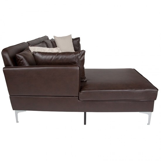 Back Bay Upholstered Accent Pillow Back Sectional with Left Side Facing Chaise in Brown LeatherSoft