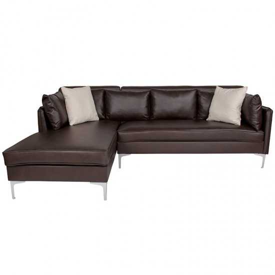 Back Bay Upholstered Accent Pillow Back Sectional with Left Side Facing Chaise in Brown LeatherSoft