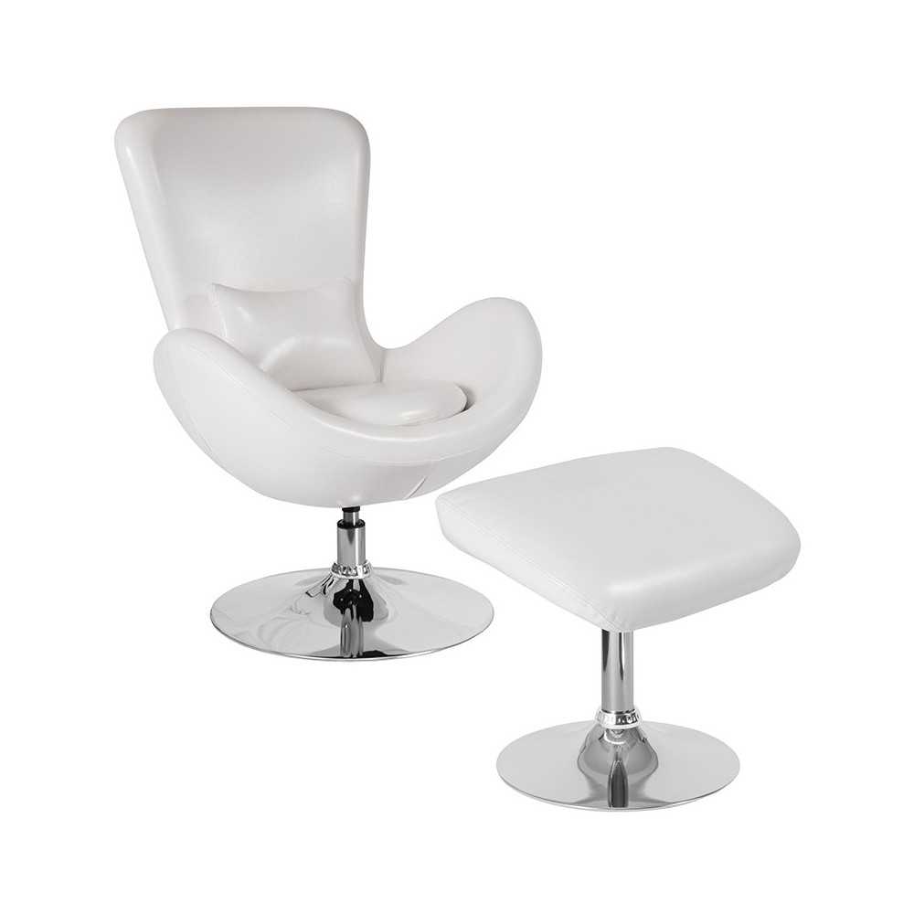 Egg Series White LeatherSoft Side Reception Chair with Ottoman