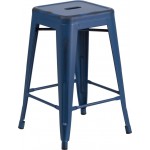 Commercial Grade 24" High Backless Distressed Antique Blue Metal Indoor-Outdoor Counter Height Stool