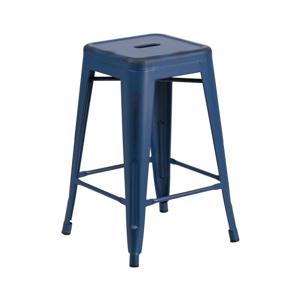 Commercial Grade 24" High Backless Distressed Antique Blue Metal Indoor-Outdoor Counter Height Stool