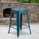 Commercial Grade 24" High Backless Distressed Antique Blue Metal Indoor-Outdoor Counter Height Stool