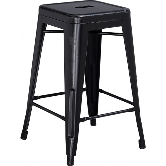 Commercial Grade 24" High Backless Distressed Black Metal Indoor-Outdoor Counter Height Stool