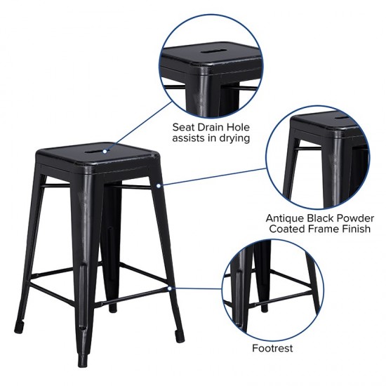 Commercial Grade 24" High Backless Distressed Black Metal Indoor-Outdoor Counter Height Stool