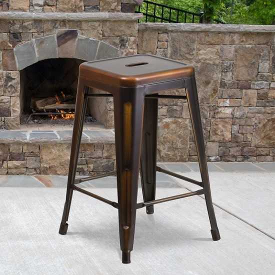 Commercial Grade 24" High Backless Distressed Copper Metal Indoor-Outdoor Counter Height Stool