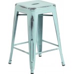 Commercial Grade 24" High Backless Distressed Green-Blue Metal Indoor-Outdoor Counter Height Stool