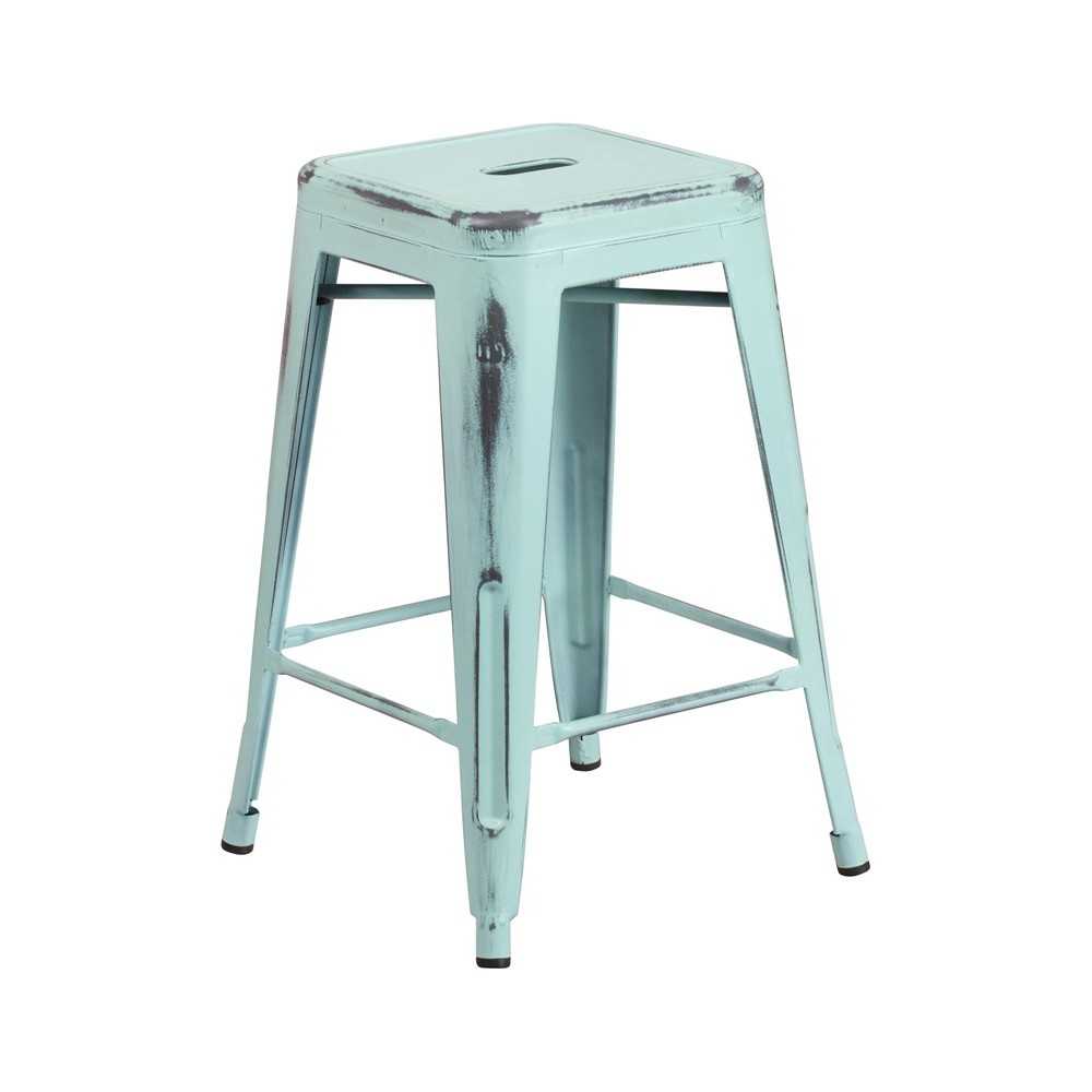 Commercial Grade 24" High Backless Distressed Green-Blue Metal Indoor-Outdoor Counter Height Stool