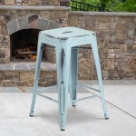 Commercial Grade 24" High Backless Distressed Green-Blue Metal Indoor-Outdoor Counter Height Stool