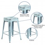 Commercial Grade 24" High Backless Distressed Green-Blue Metal Indoor-Outdoor Counter Height Stool