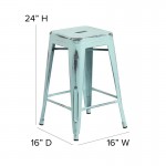 Commercial Grade 24" High Backless Distressed Green-Blue Metal Indoor-Outdoor Counter Height Stool